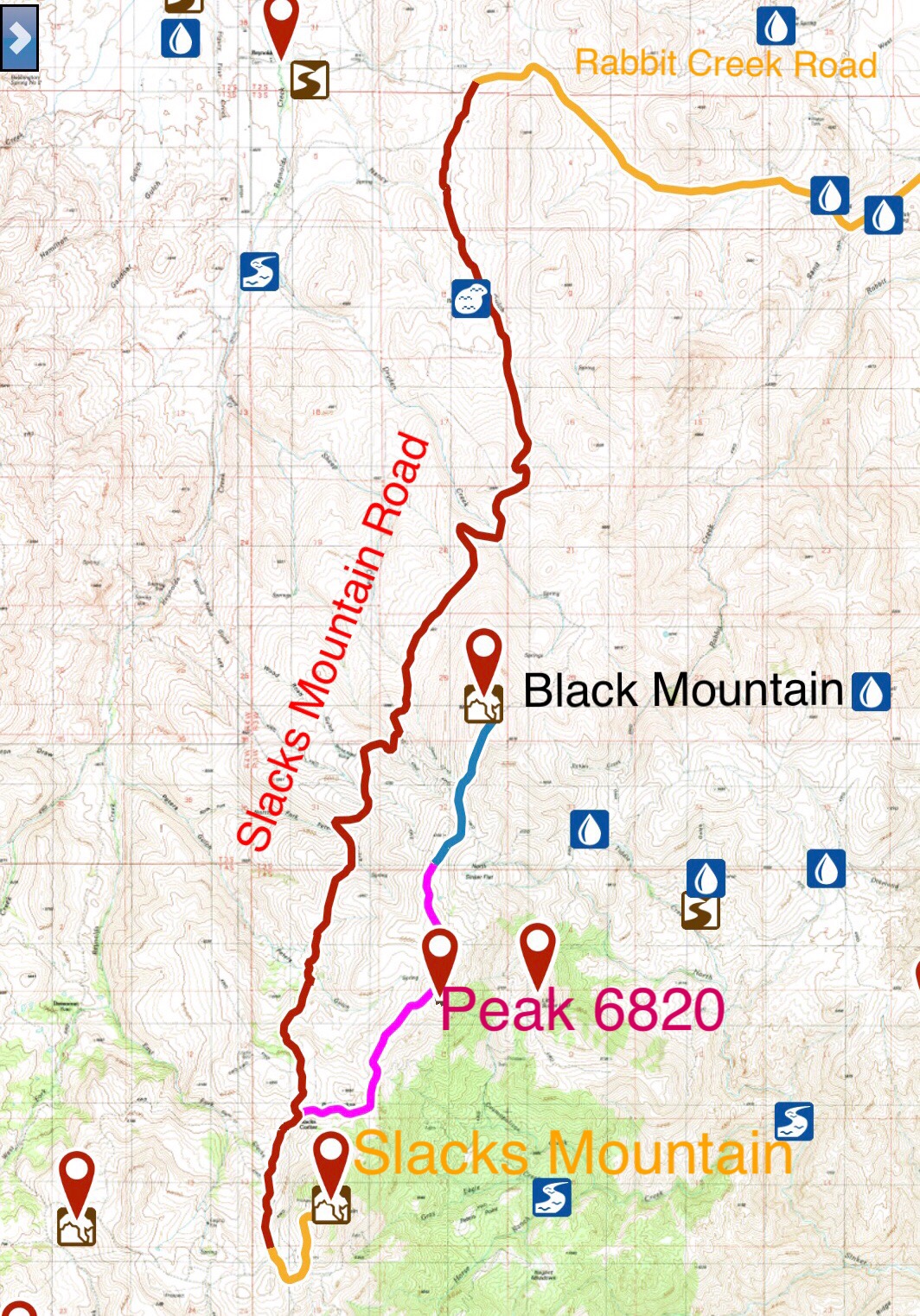 The Black Mountain Road from Slacks Corner to Peak 6820 is shown in pink on this map. 4WD, excellent all terrain tires, skid plates and off road driving skills are all needed to safely drive this road.