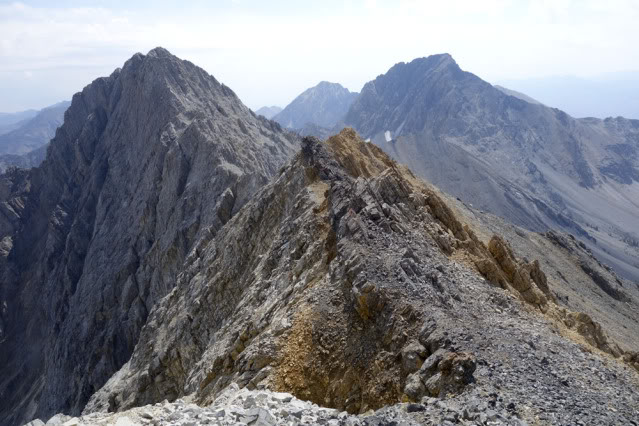 The Ridge to Sacajawea from near Chicken Out Saddle. Mt. Idaho on the right and White Cap in the middle.