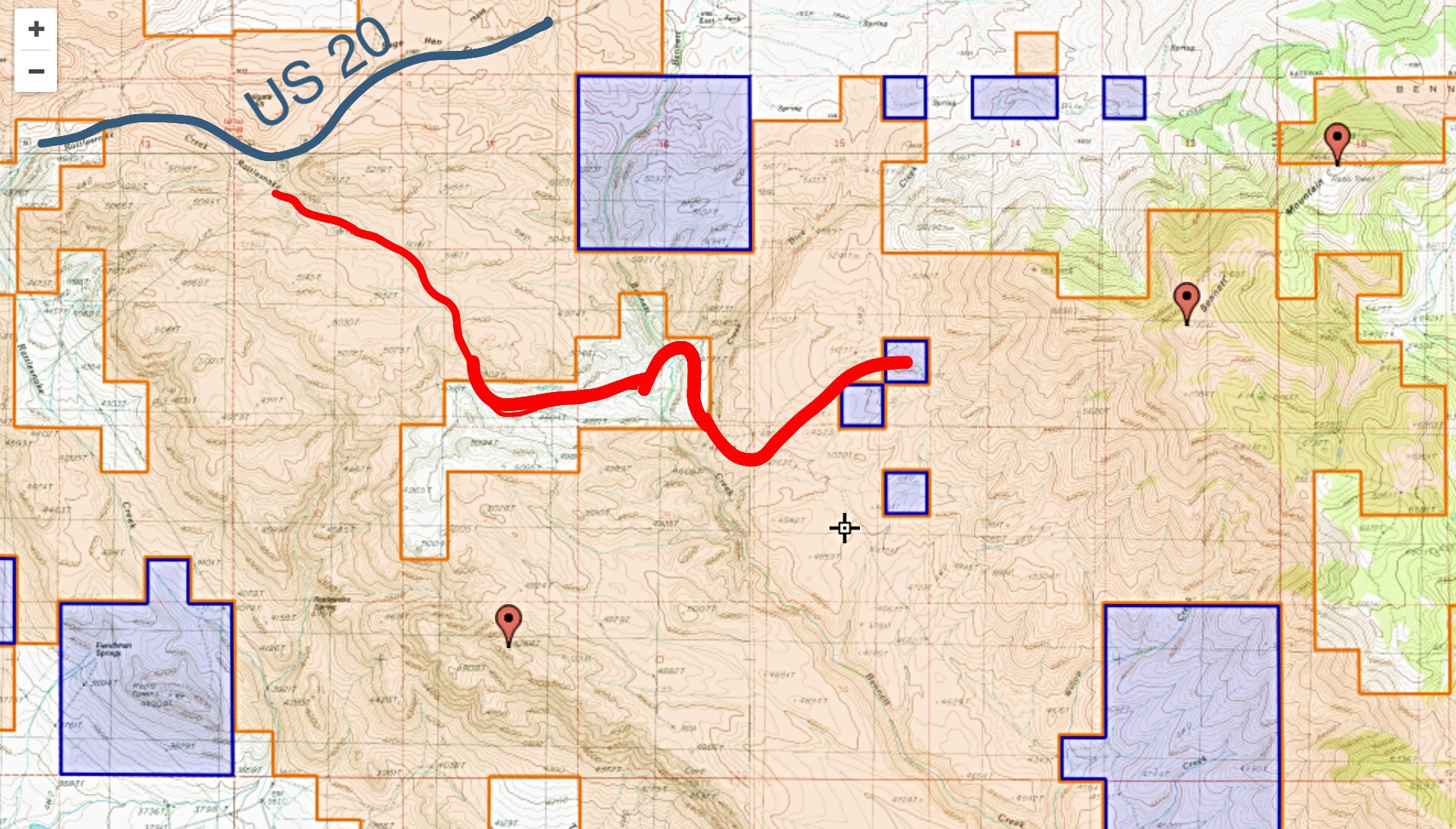 The only access information I have received for ascending this peak leaves US-20 just east of Tollgate and follows the red line shown on this map. This route crosses private property. I do not know if there is a public easement across the private ground. Check with the BLM.
