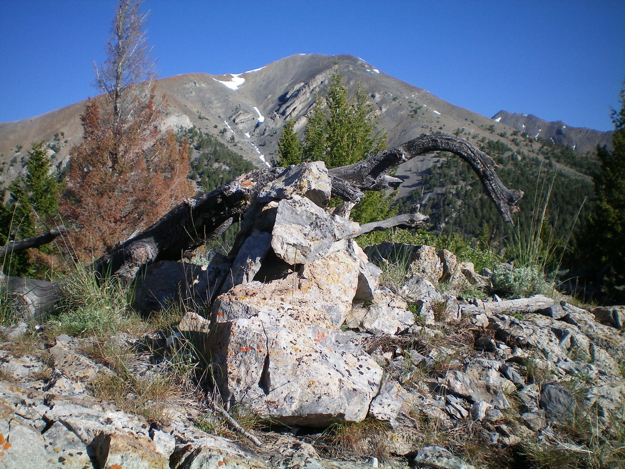The newly-built summit cairn atop Peak 8979 with Swanson Peak in the background. Livingston Douglas Photo