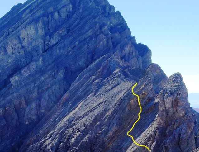 My route up Rotten Tower #2. The possible lower traverse is partly shown at the bottom of the photo.