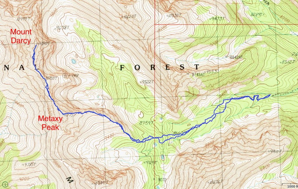 Brett Sergenian’s GPS track for Mount Darcy and Metaxy Peak. His route covered 7.5 miles with 3,300 feet of gain round trip.