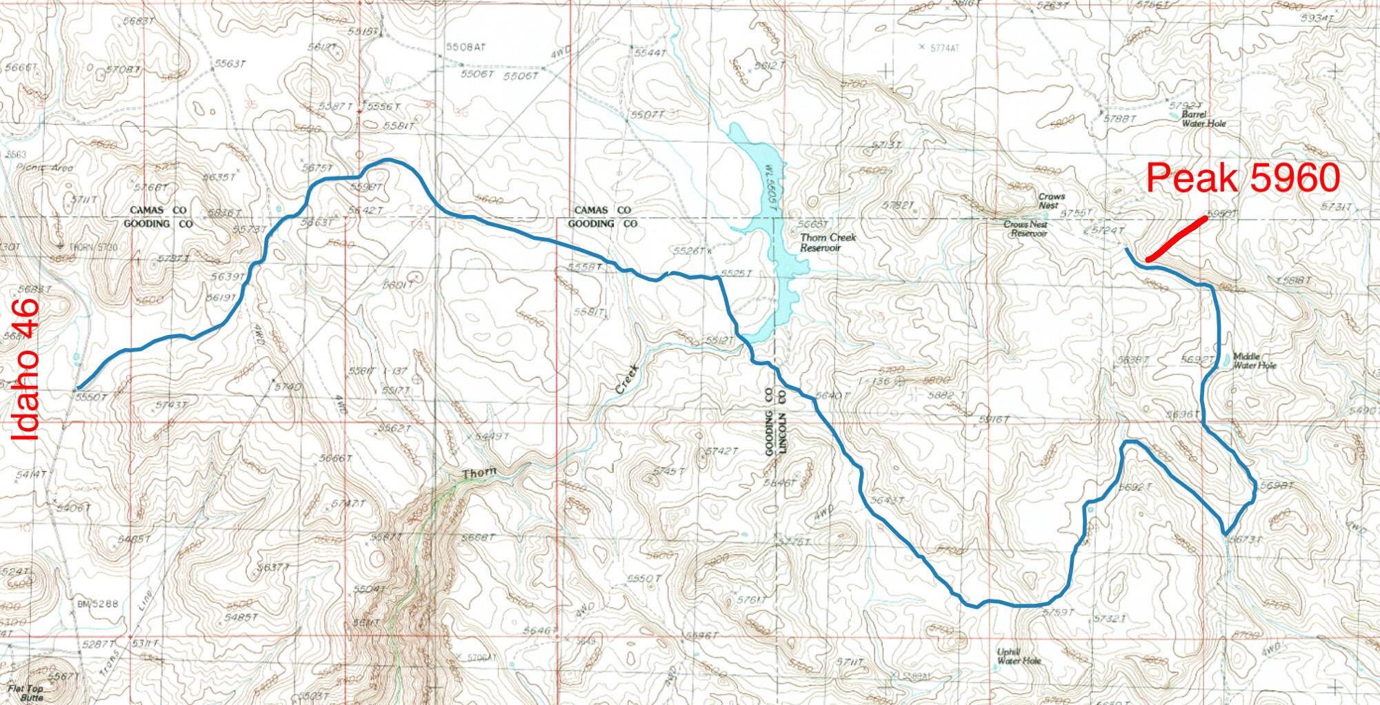 My GPS track for the approach and the hike. There is a good parking spot on the saddle identified by Ken. The walk up the ridge to the summit is 0.4 miles long and gains 175 feet.