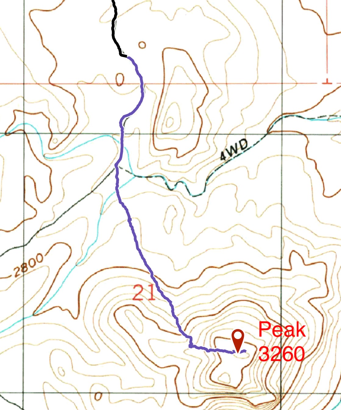 We parked about a mile from the summit to make the walk a little longer. The blue line is our ascent line. Two miles round trip with 506 feet of ascent.