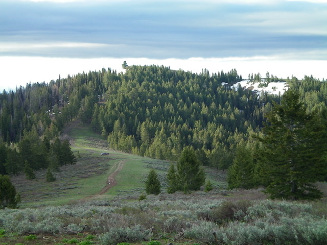 Looking down the southeast ridge of Beaver Ridge. Flag Knoll is left of center with a small patch of snow below its summit. Livingston Douglas Photo