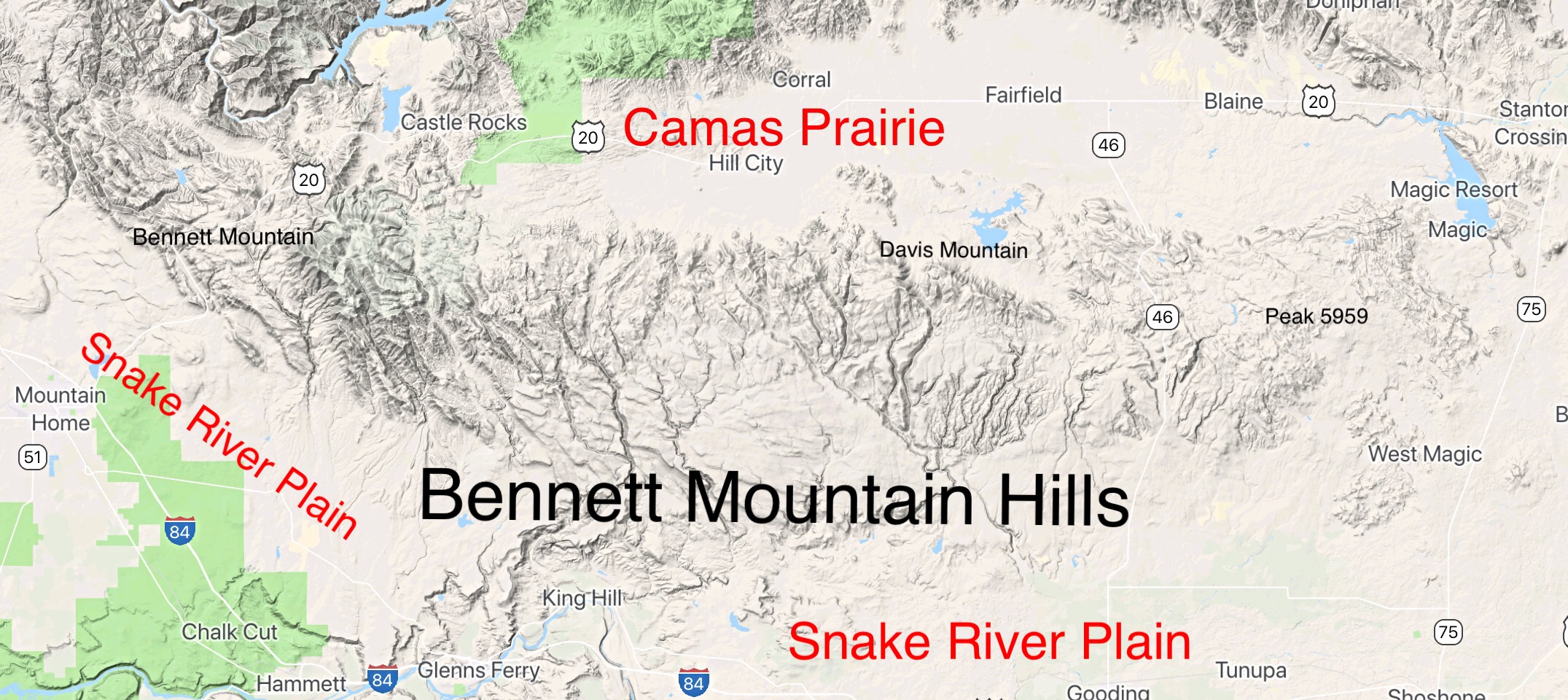 The Bennett Mountain Hills are a linear range of tangled ridges, canyons and peaks that stretch for over 60 miles from west to east.