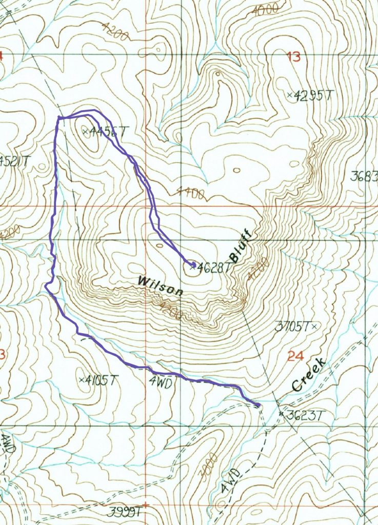 My GPS track for Wilson Bluff. My route covered 4.6 miles round trip amd gained a thousand feet.