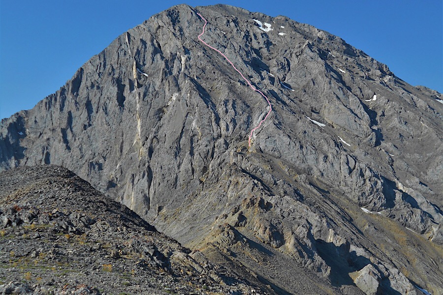 The upper north ridge (with the route drawn in) viewed from roughly 10,500 feet. Pat McGrane Photo