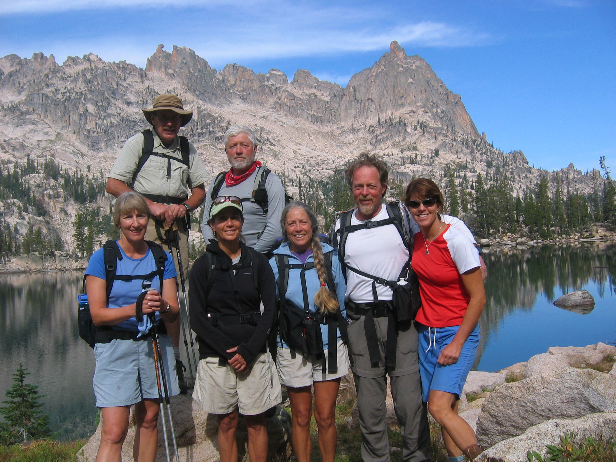 The “old farts” and Kim. Bluebonnet Tower, Fishhook Spire, and Big Baron Spire in background.