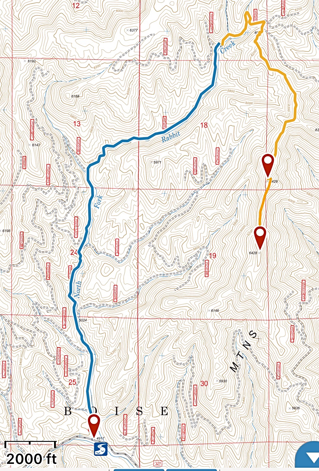 I followed Erik’s route in 2018. The blue line is FS-322. The gold line is the trail. Stats: 5.4 miles 1,030 feet of elevation gain round trip.
