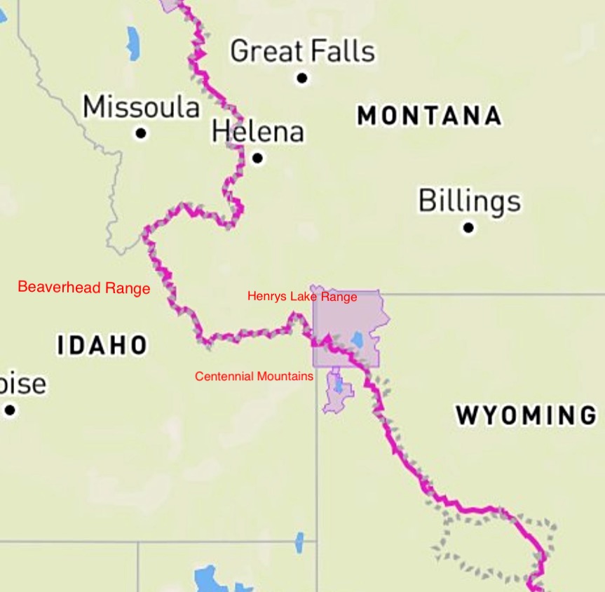 The Continental Divide Trail (CDT) straddles the Idaho Montana border for roughly 180 miles. The trail leaves Yellowstone National Park and travels generally westward through the Henrys Lake Range and then the Centennial Mountains to Monida Pass and I-90. From the pass the trail heads west and then north through the Beaverhead Range.