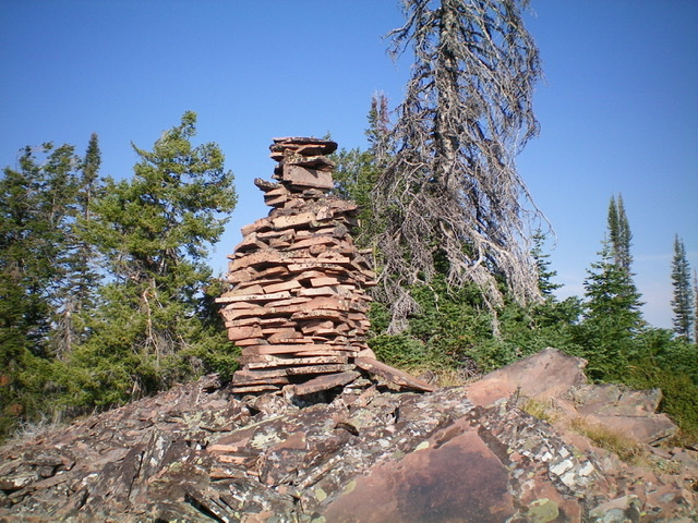 A very tall, dinner-plate shale cairn on Red Ridge between Point 8648 and Red Benchmark. Livingston Douglas Photo
