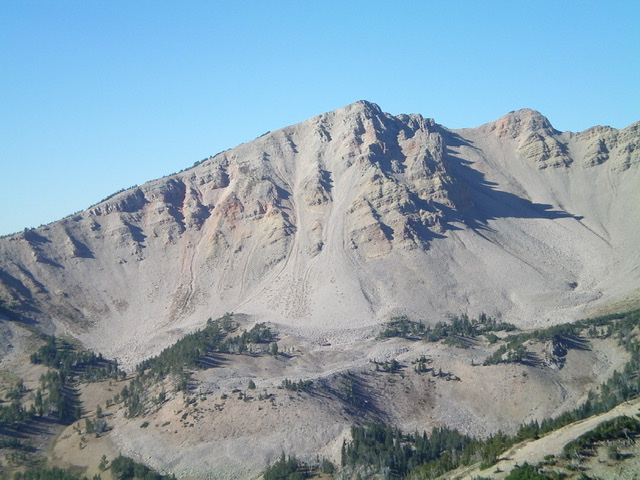 The northeast face of Mount Jefferson. The northeast couloir is just left of center. It is the rightmost of the two gullies and is a STEEP climb. Livingston Douglas Photo