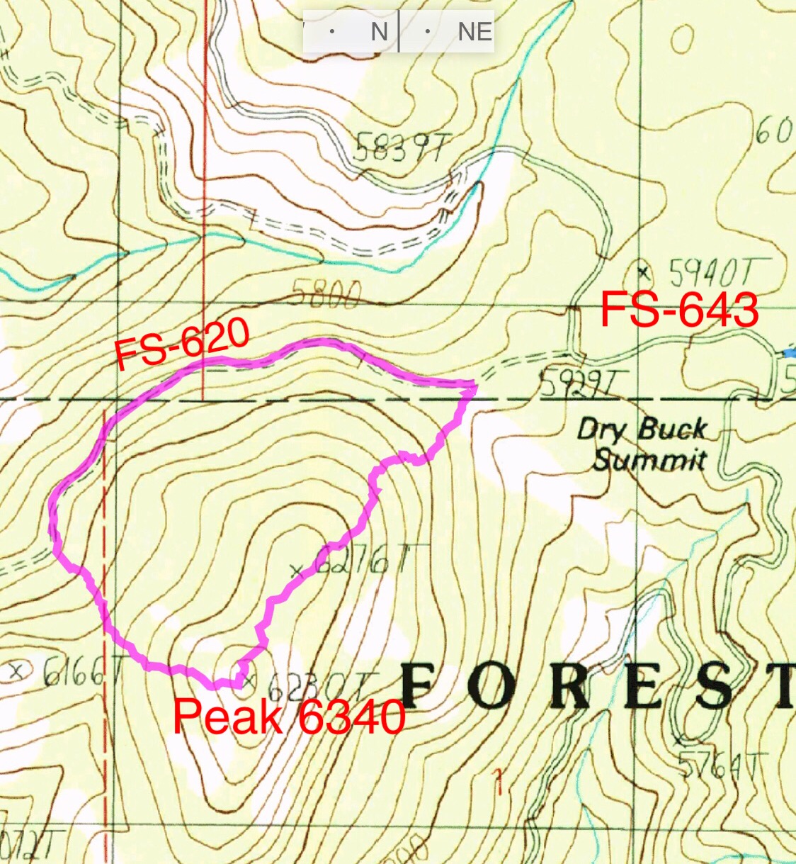 My GPS track for a loop on Peak 6340. FS-620 is a wide, well graded road. A 2WD can easily drive to the point where the westernmost line starts up the mountain. The loop covered 1.5 miles and 435 of elevation gain.