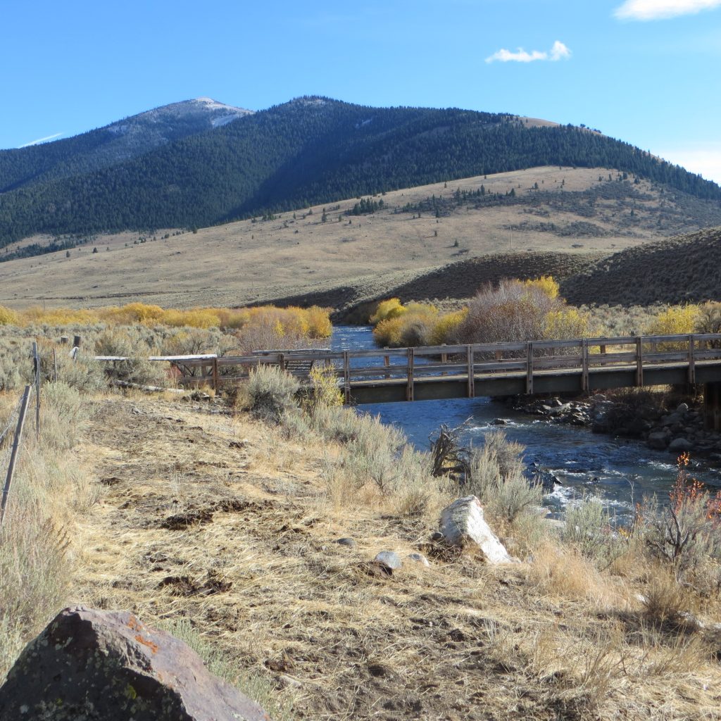 The river crossing. Rosencrance Peak (back left) and West Rosencrance Peak in the background. Steve Mandella photo.