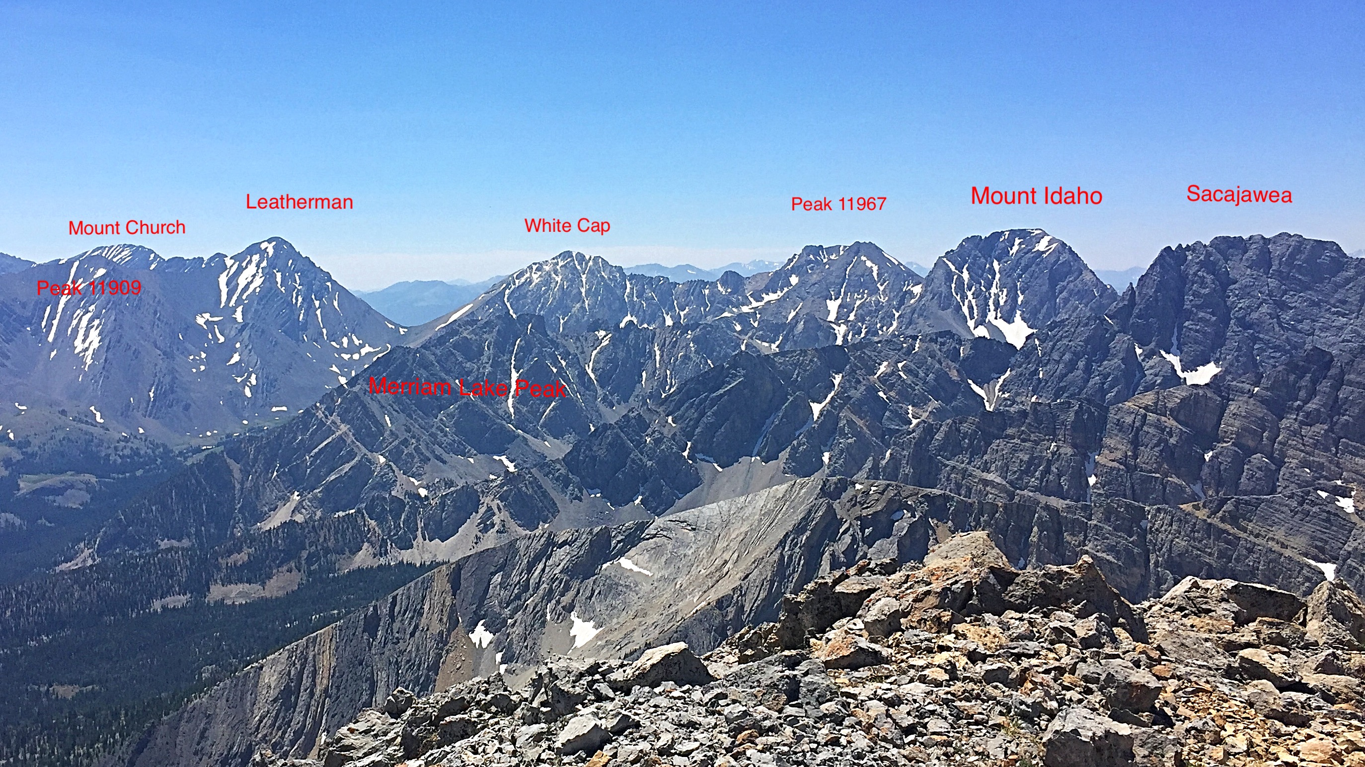 This photo shows perhaps the hardest portion of Kelly’s Lost River Range traverse from Mount Church to Mount Idaho but includes only three of the,seven Lost River Range 12ers.
