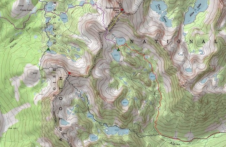 A portion of Dave's map showing his travel route over Alpine Creek Peak. Dave Pahlas Photo