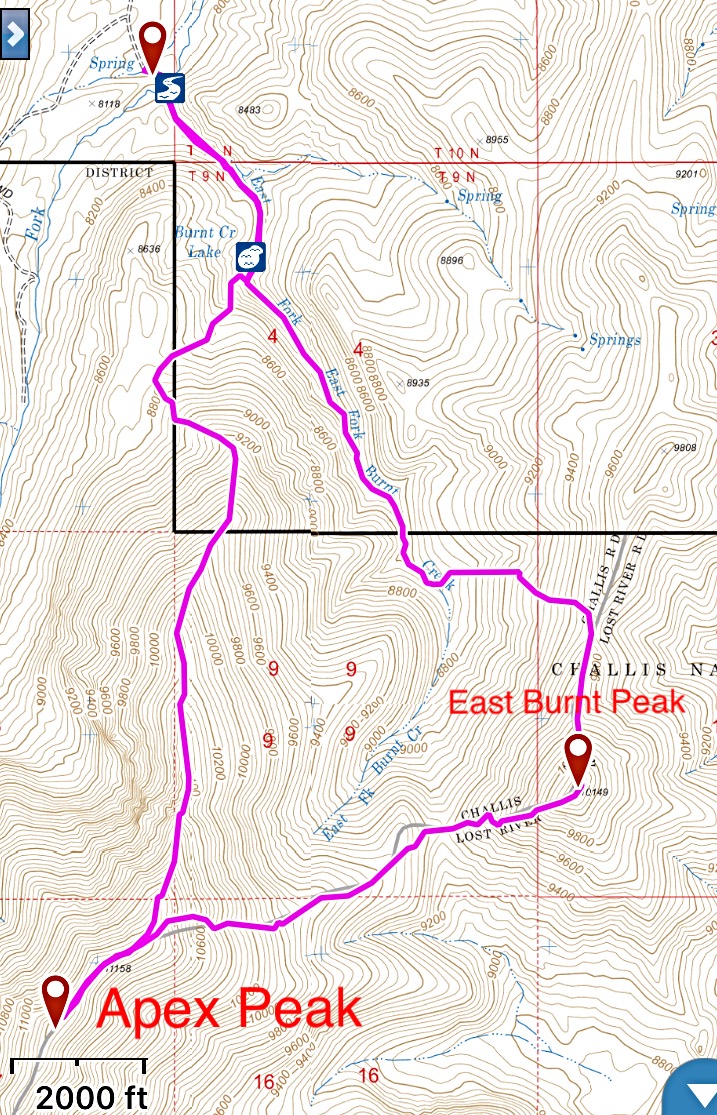 This is my GPS track for Apex Peak and East Burnt Peak. The route off of Apex is a Class 2 walk down steep, loose talus.