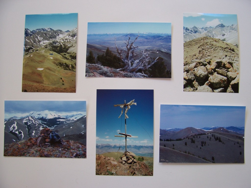 VULCAN PEAK 10297' The highest volcanic summit in LRR. View S to USGS Peak, 1999. APRON MOUNTAIN 9382' View NE to Hawley Mtn & Lemhi Range, showing Wet Creek stratovolcano caldera, 2007. EAST BURNT PEAK 10149' A prehistoric cairn? View SW to Cleft Peak, 1999. THE CAPE 8387' Iron rich andesite of Eocene Challis Volcanics. View S to Massacre Mtn, 2007. GROUSE PEAK 8464' The northernmost Pahsimeroi/LRR summit overlooks the Round Valley caldera. A TM Bannon 1914 triangulation station, 1994. VICTORIAS SECRET 8860~ Beauty is in the eye of the beholder, 2007. 