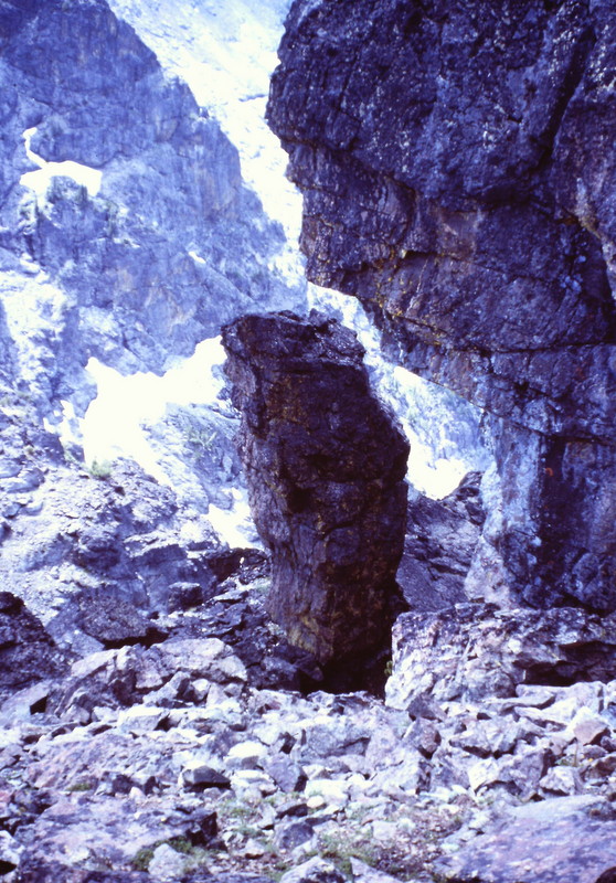 This rock obelisk is passed above the ledges on the South Ridge/South Fade route as it nears the summit block.