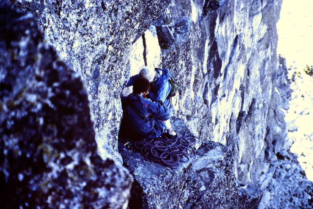Even in 1984, early in the morning, the standard route can get congested. This shot is at the first belay point showing one team passing another team.