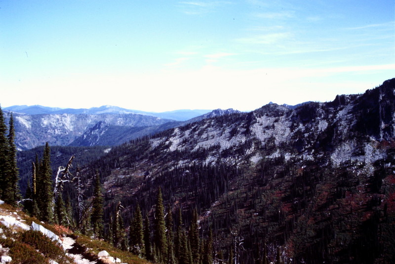 The deep canyons are filled with thick forests.