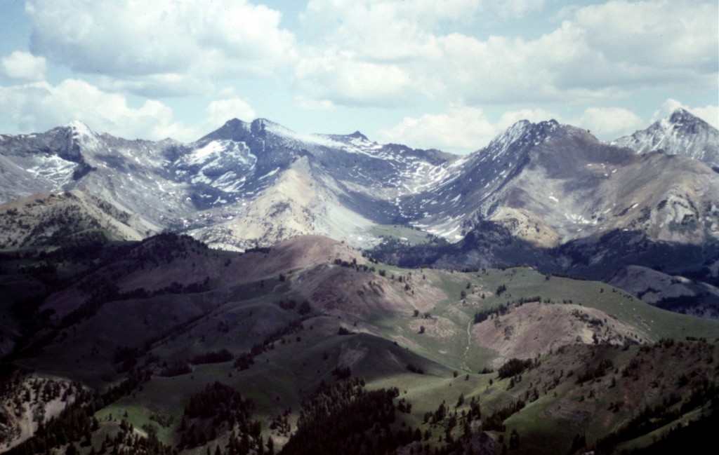 The Pioneer crest viewed from Johnstone Peak. Goat Mountain is the two summitted peak on right horizon. Handwerk is below it to the left. Duncan Ridge is next and then Hyndman Peak.