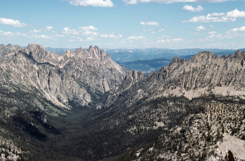 Redfish Lake Creek Canyon from Elk Peak with views of the Heyburn are on the left and the Elephant Perch area on the right.