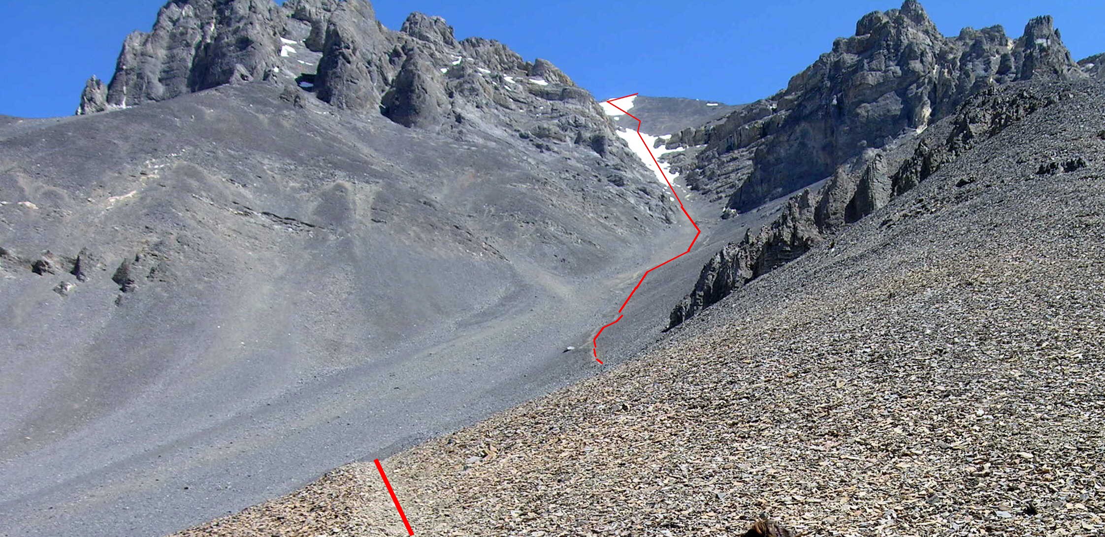 Looking up the Super Gully. Note that in places a trail is developing through the talus. Photo - Dan Paulson