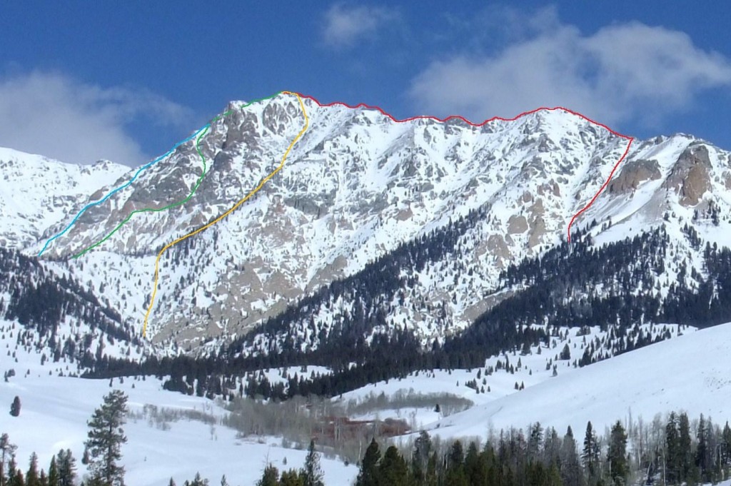 Bodacious Peak towers over ID-75. Route lines climbed by Pat Mcgrane.