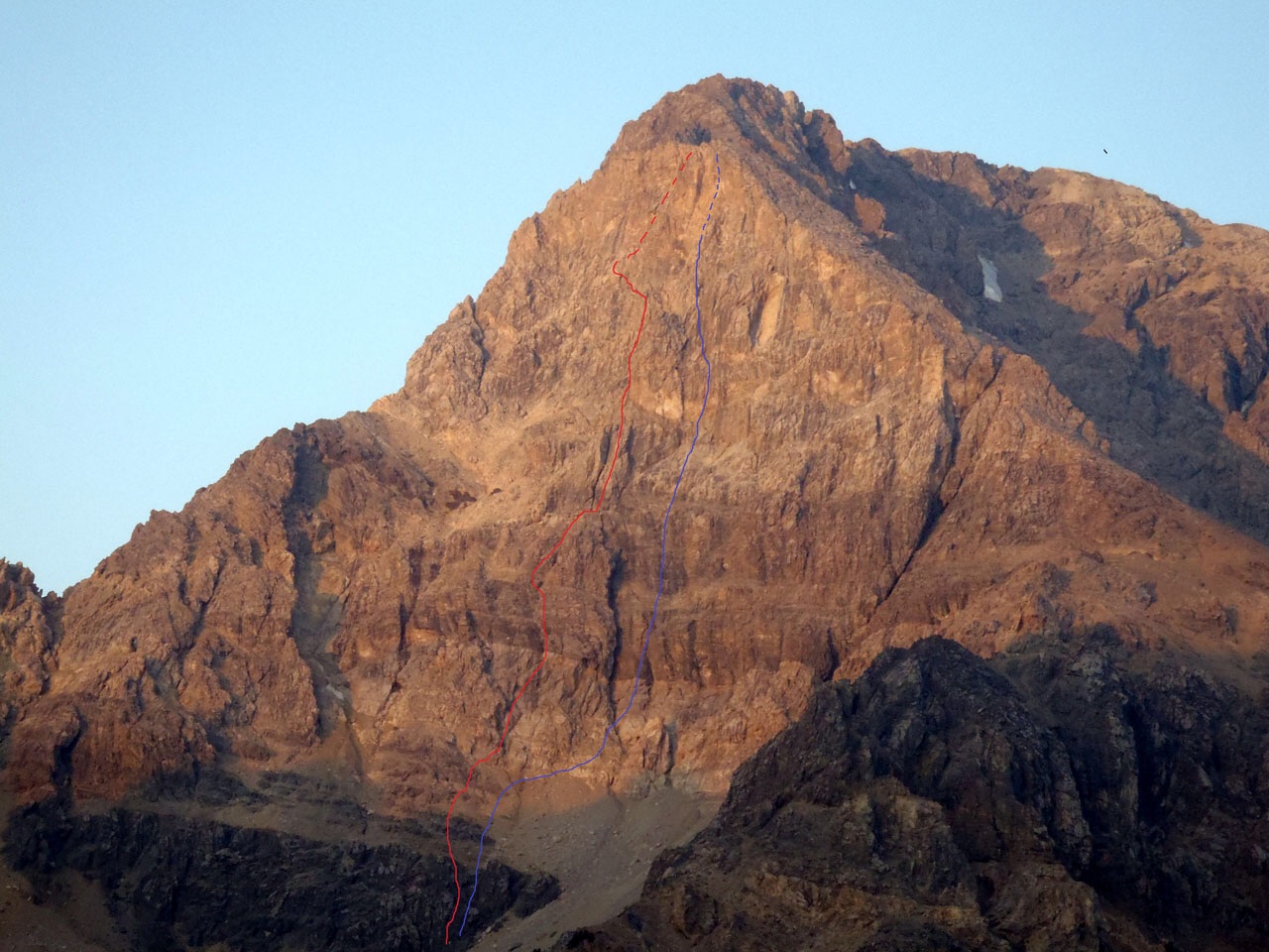The East Face of Mount Idaho. Mountaineer's route (red) and East Face Direct (blue). Photo - Kevin Hansen