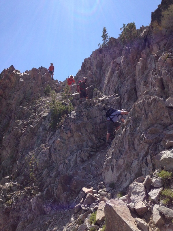 The descent down the headwall is made possible by this diagonal gully which is probably about 100 feet below the col on its north side. This is the easiest path through the cliffs that cross the top of the headwall.