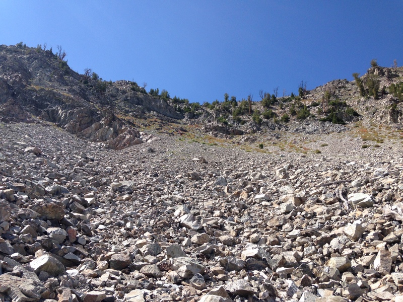 This is a view of the headwall from two thirds of the way down. The descenty gully (shown in the next photo) is just right of center at the top of the headwall.
