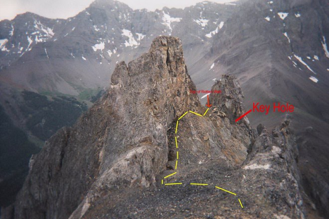 Looking from the summit down the upper route. The West Tower is roughly 25 feet lower than the summit.
